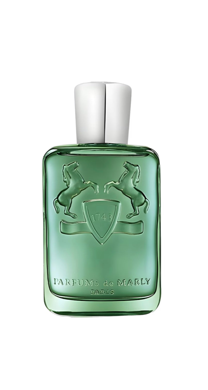Green Parfums de Marly Greenly perfume bottle with a silver cap on a white background.