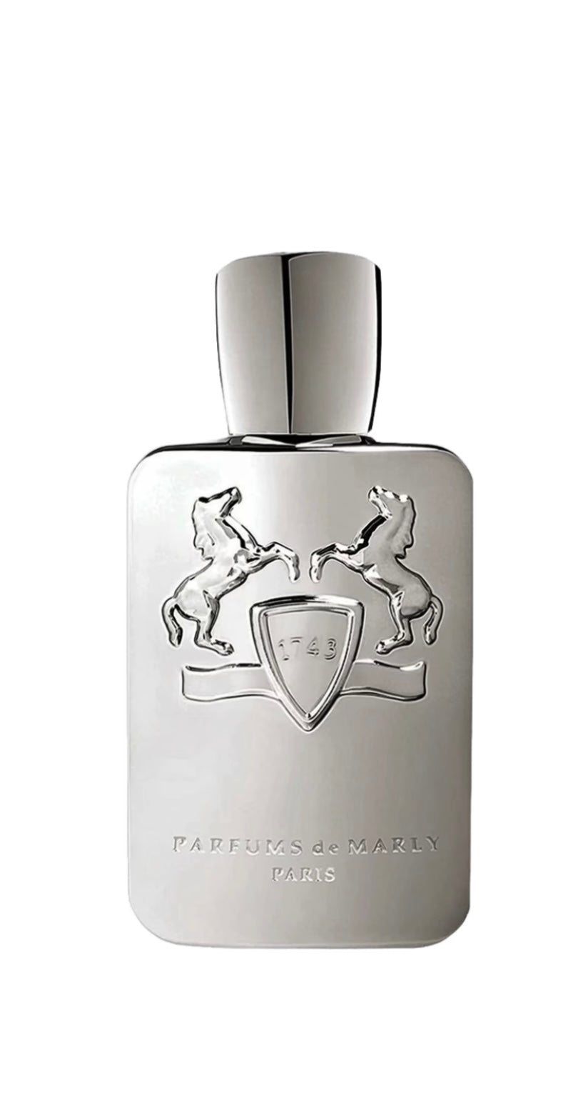 Silver Parfums de Marly Pegasus perfume bottle with a matching silver cap on a white background.